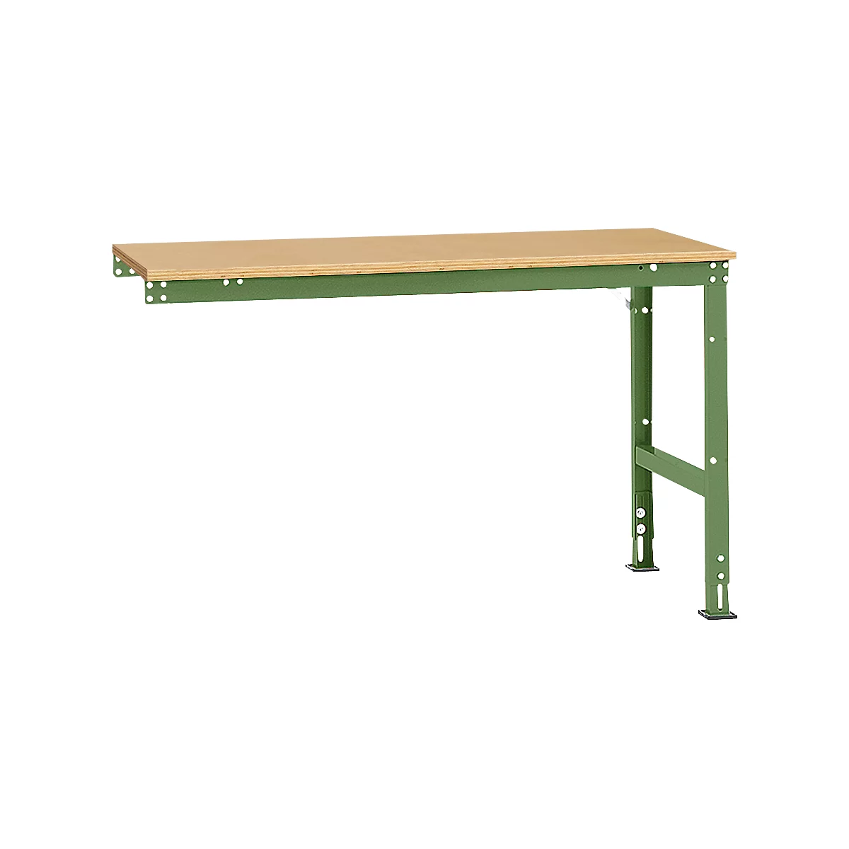 Green workshop table with wooden top, standing against a white background.
