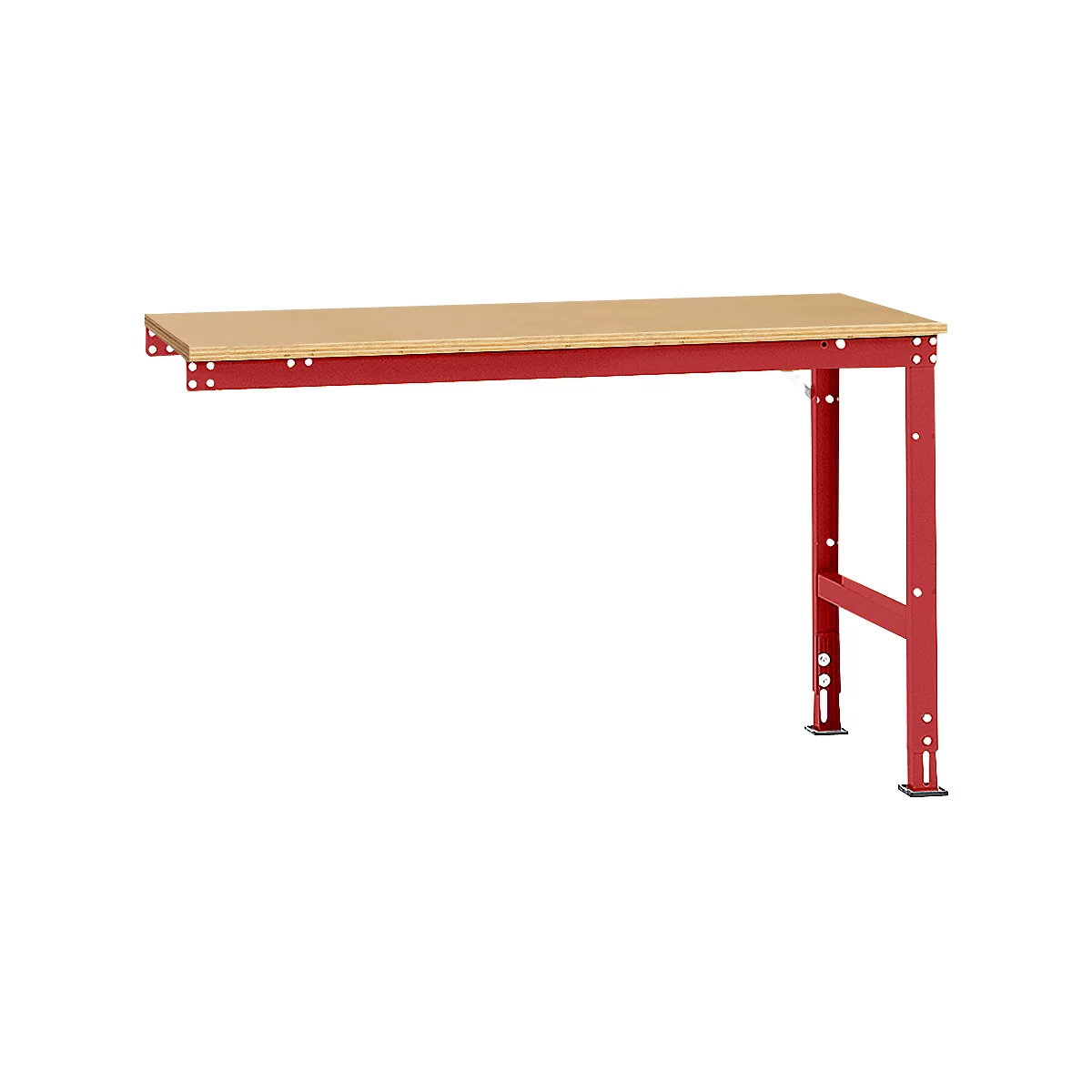 A red workbench table with a wooden top, against a white background.