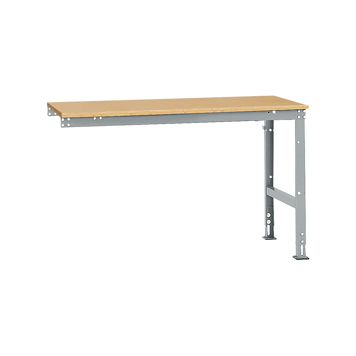 A workbench with a wooden top and gray metal frame, against a white background.