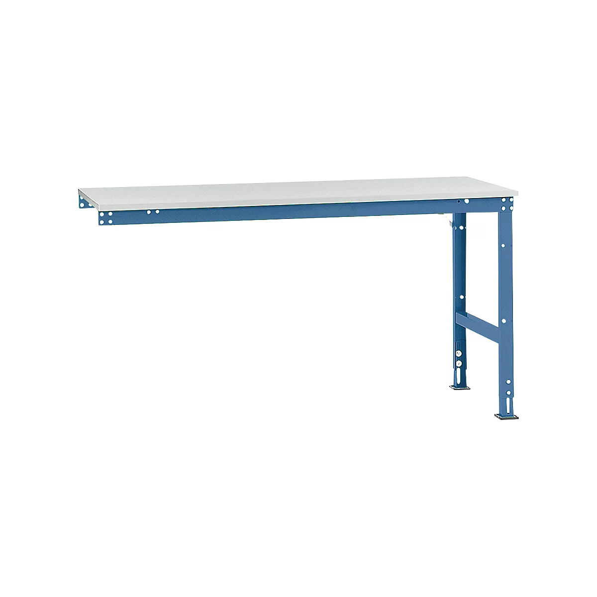 Blue workbench frame with white work surface. The workbench is freestanding with an open area.