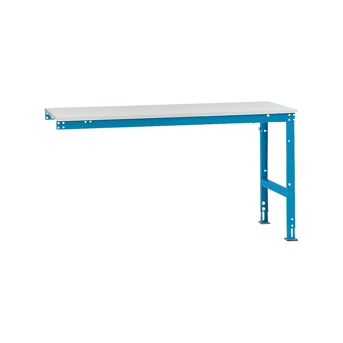 A blue workbench table with a white worktop. The legs are adjustable in height.