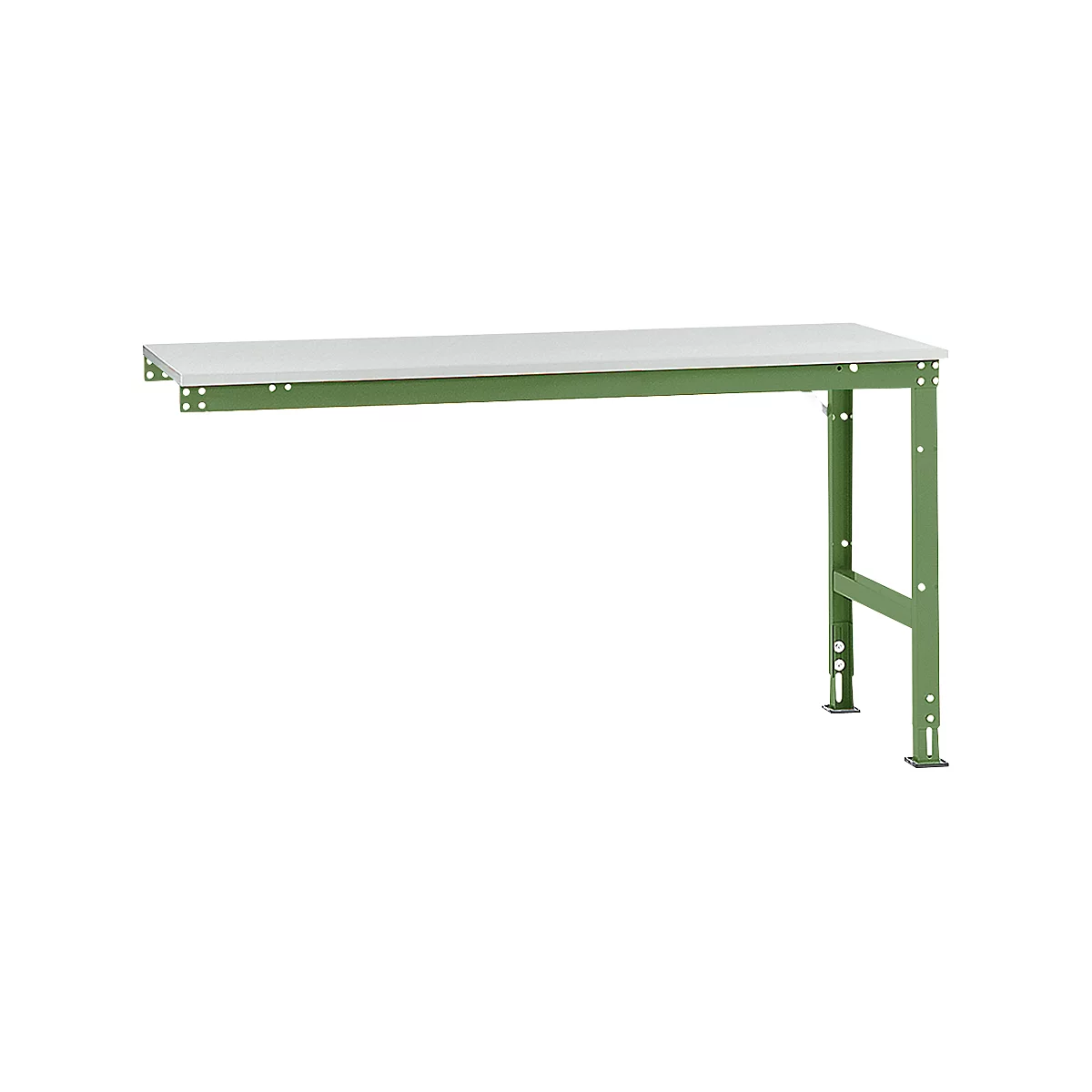 Work bench with green metal legs and white worktop. The legs are height adjustable.