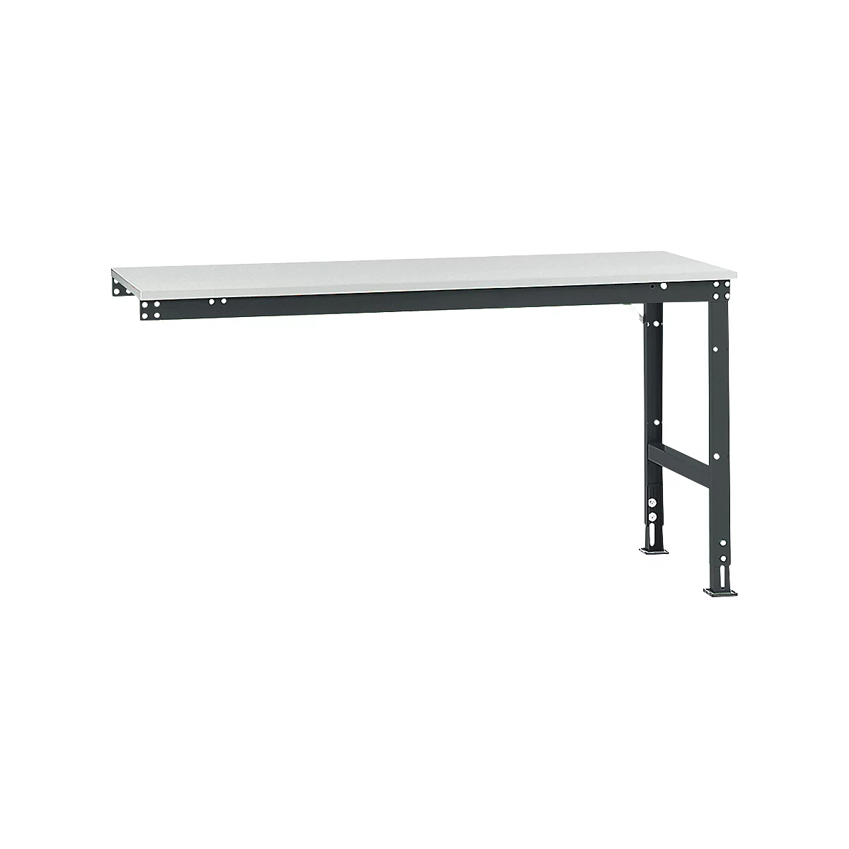 Gray workbench with a white top, black frame, and brackets for wall mounting.