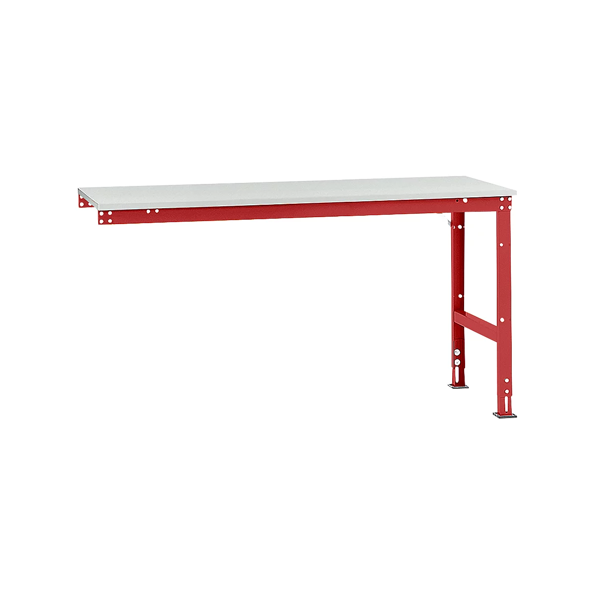 Red workshop table with a light-colored work surface. Table legs and frame red, top light gray. On a white background.