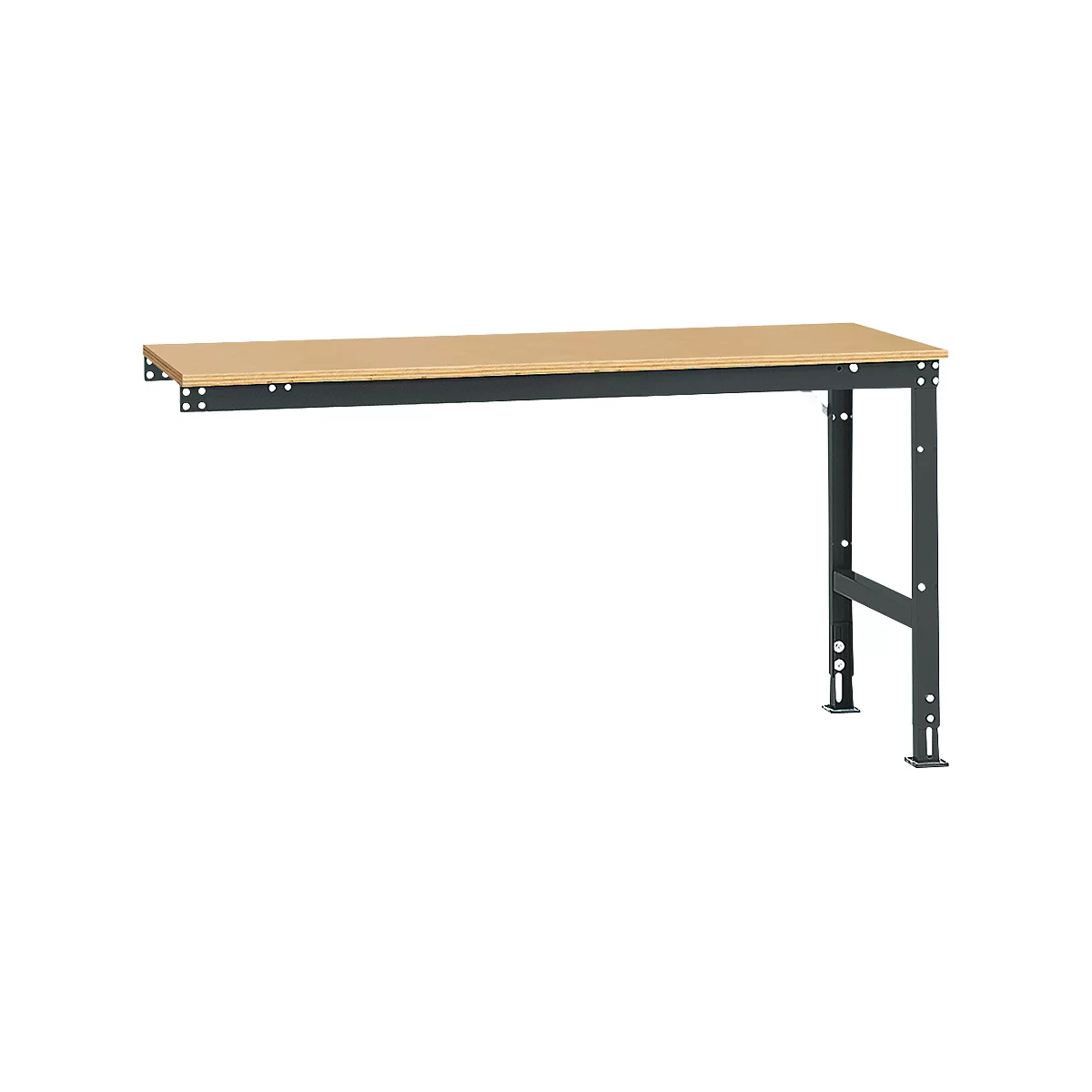 Workbench with wooden top and gray metal frame. One side is attached to the wall, the other stands on two legs.