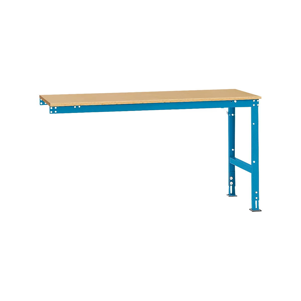 Workbench with blue legs and wooden top. The legs are height adjustable.