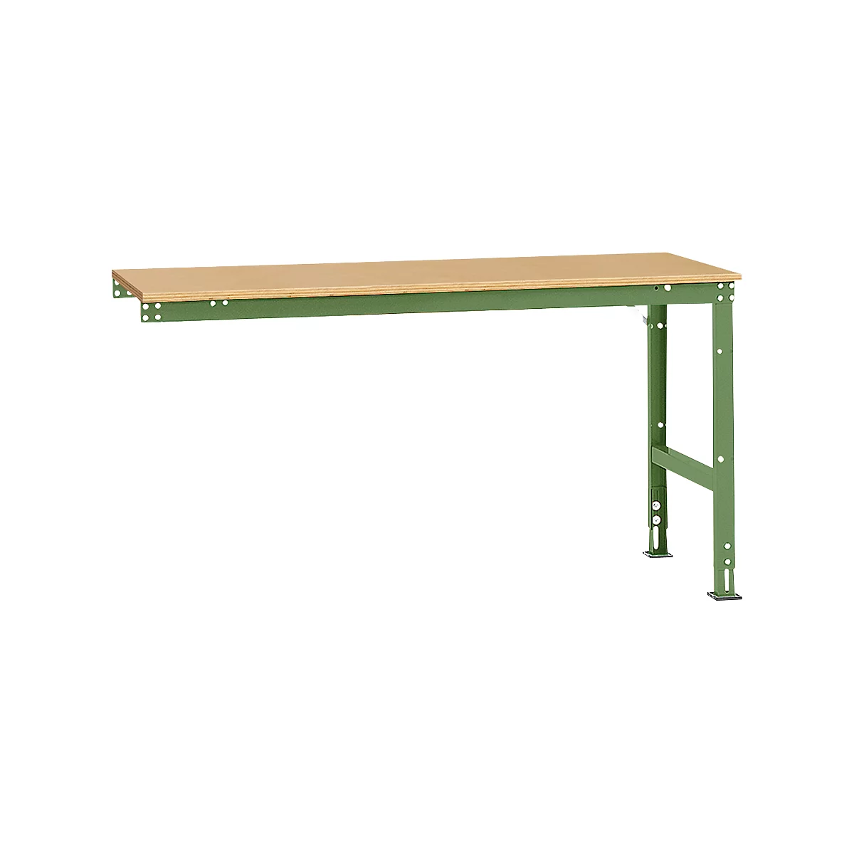 A sturdy, industrially-made work table. Wooden tabletop, green metal legs.