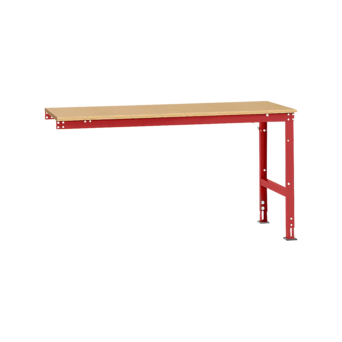 Workbench with red metal frame and light wooden top.