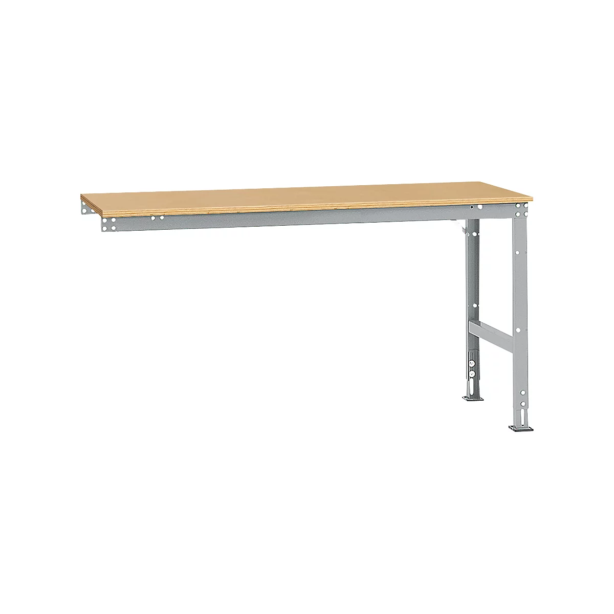 Workbench with wooden top and metal frame. Gray metal legs and light brown tabletop. On the left the bench is mounted on the wall.