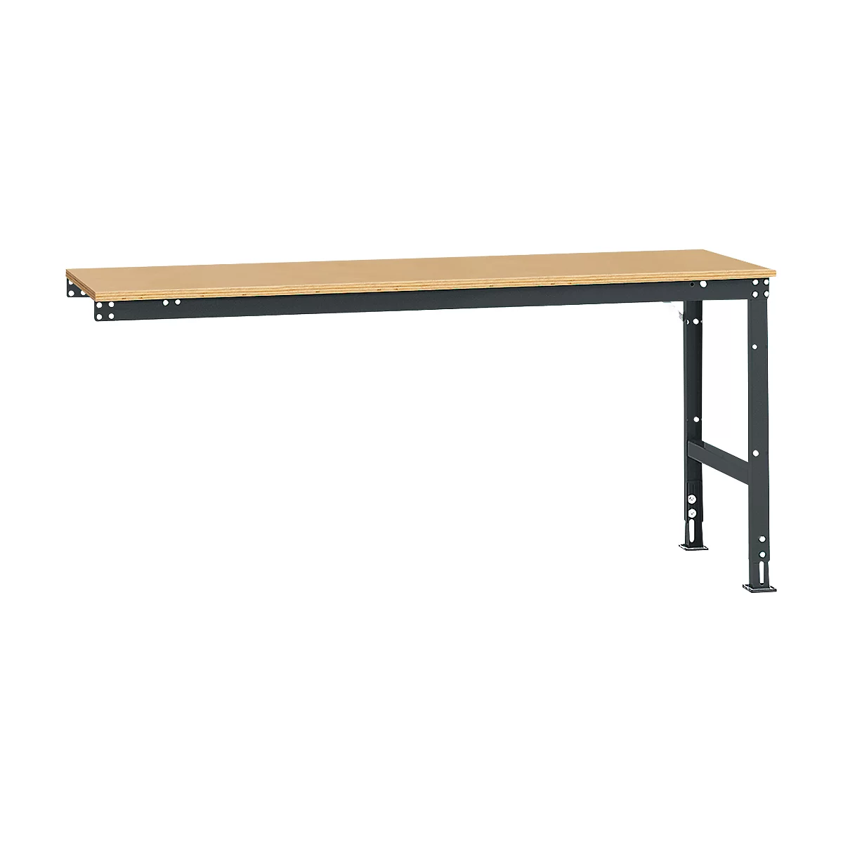 A workbench with a wooden top and a black metal frame. The table has one leg and is wall-mounted.
