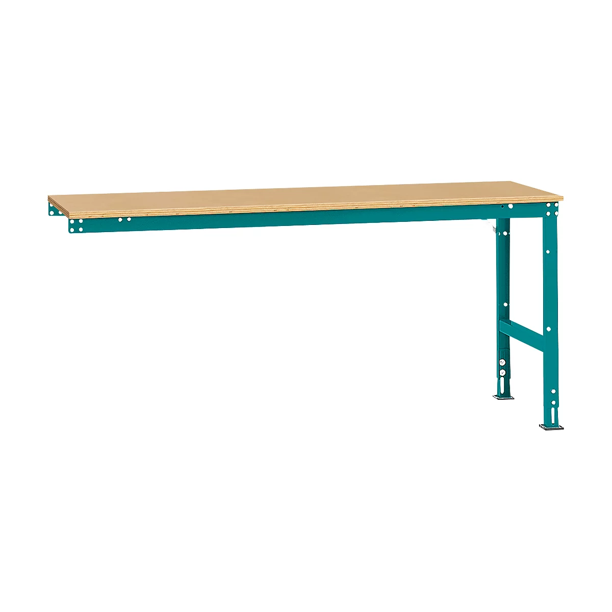 Workbench with wooden top, green metal frame. The workbench is isolated.