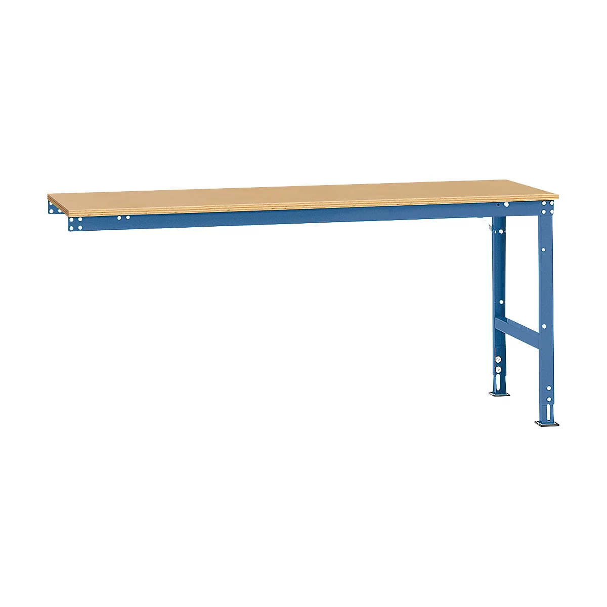 Workbench with blue legs and light brown worktop. The construction is made of metal.