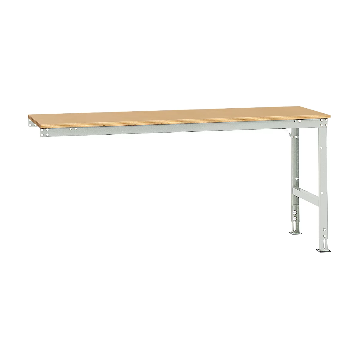Workbench with brown tabletop and gray metal frame.
