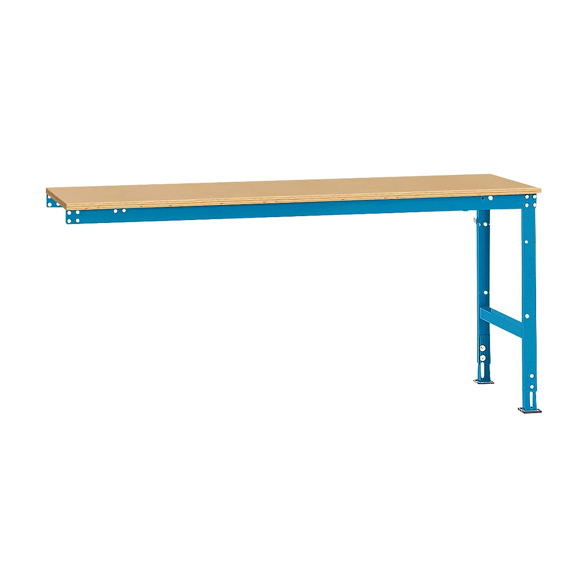 Blue workbench frame with beige table top.