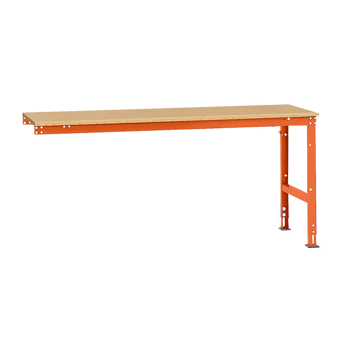 Workbench with wooden top and orange frame, white background.
