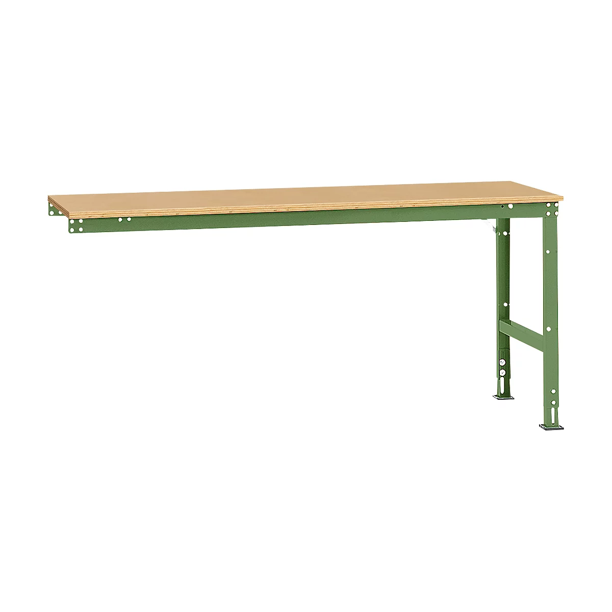 A bright workbench with green metal legs and a light brown wooden top against a white background.