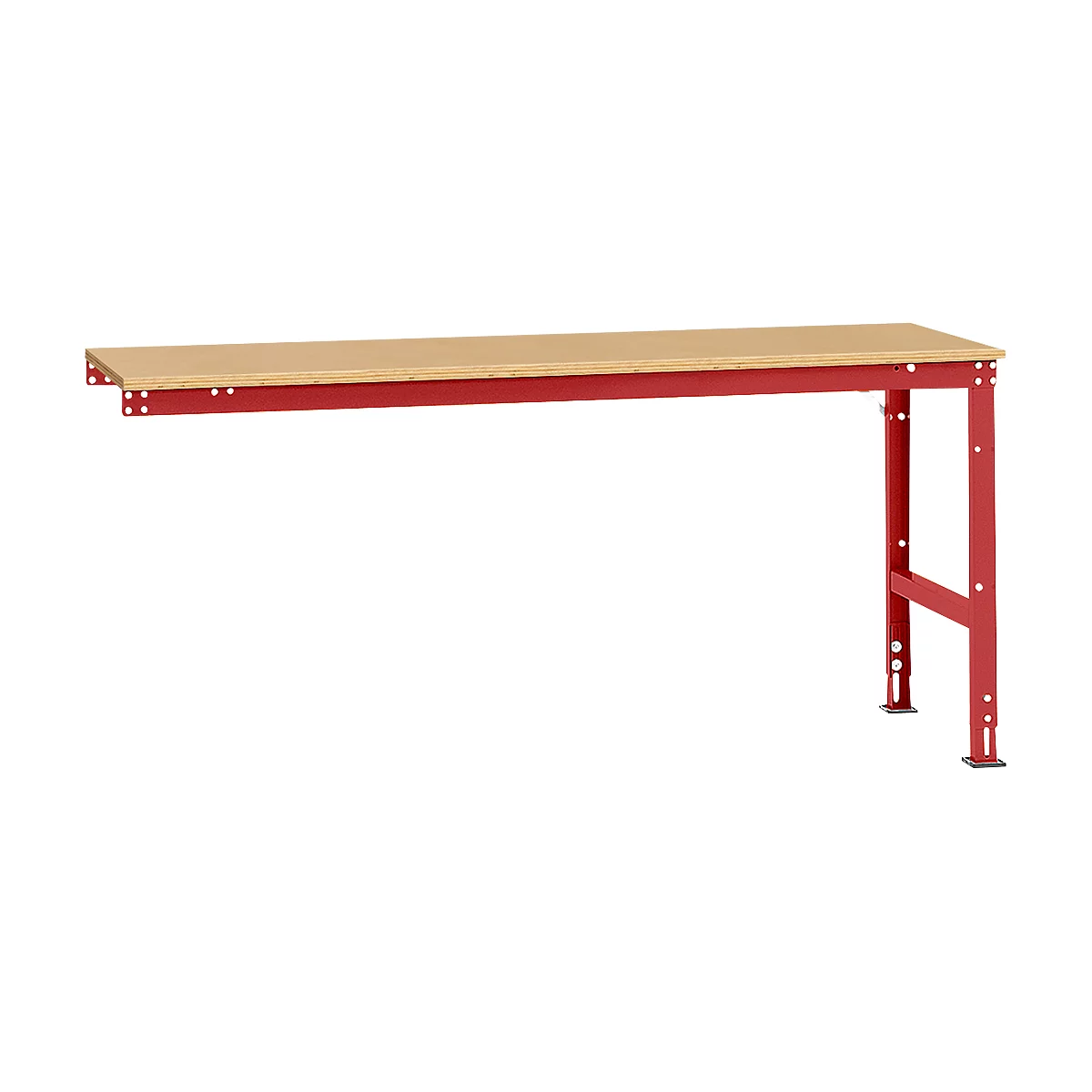 Wooden workbench with red metal legs. Rectangular table top with red metal legs.