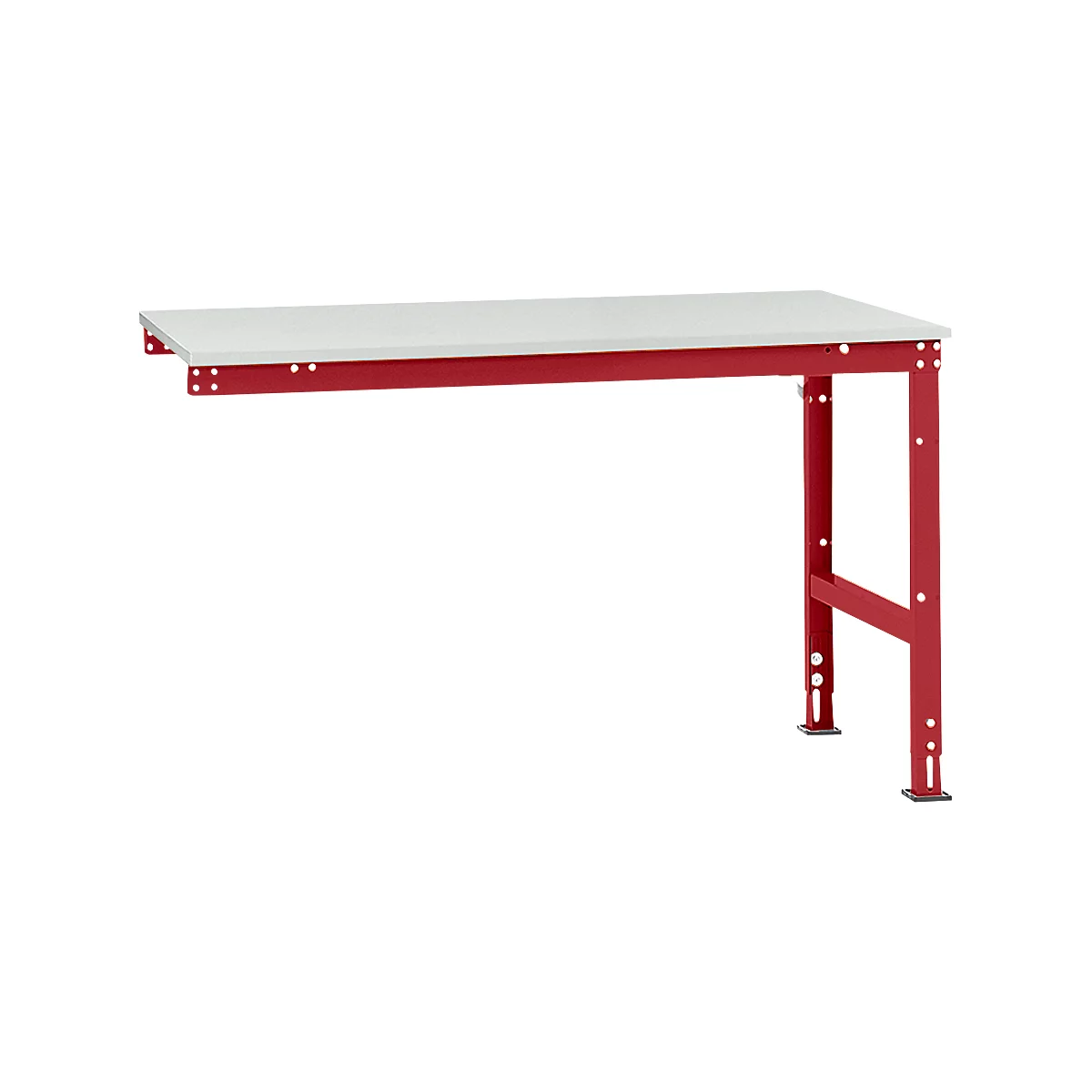 A white table with a red metal frame. The tabletop slightly overhangs the frame.