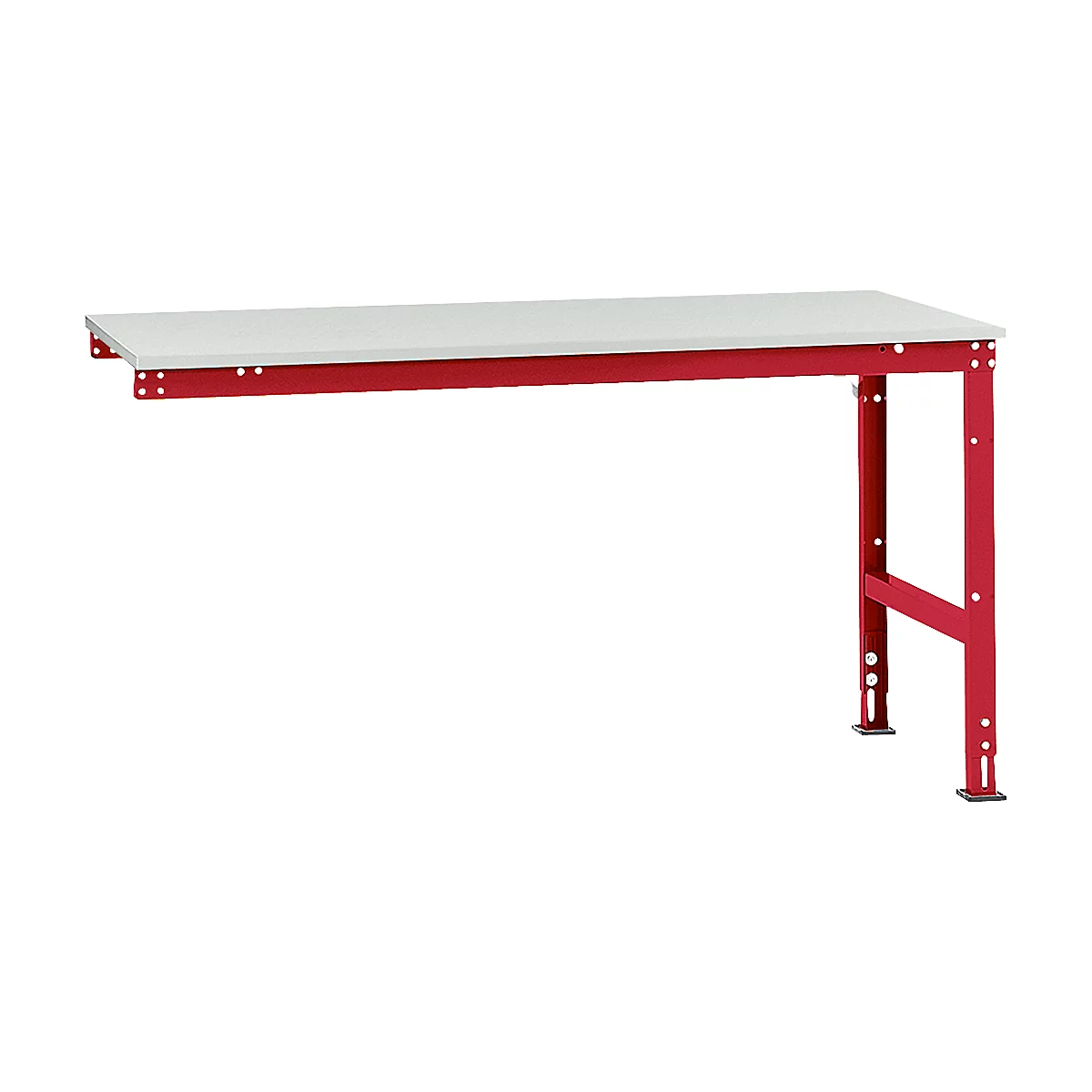 A red workbench table with a white tabletop. The legs are made of metal. The table is against a white background.