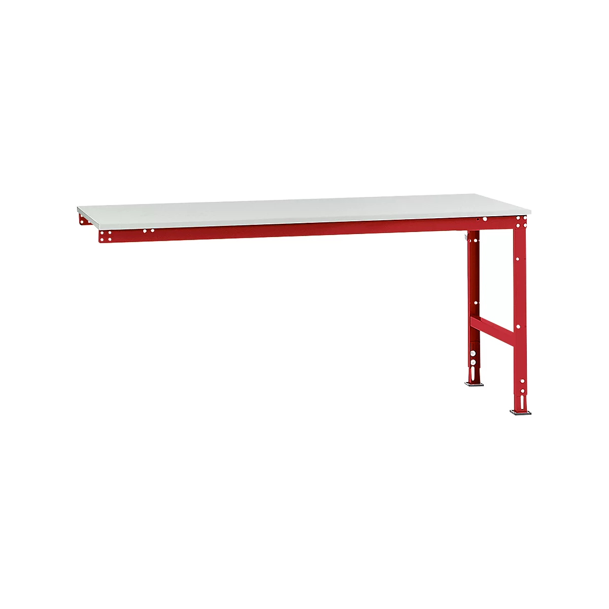 A red and white workbench frame with a grey table top. The legs are fitted with screws.