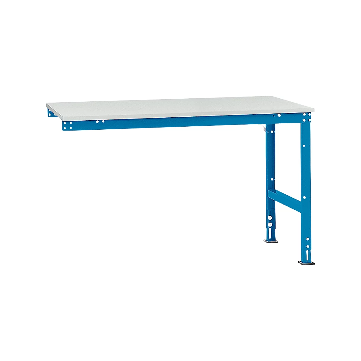 Blue workshop table with white tabletop. The table has a rectangular design and stands on two legs.
