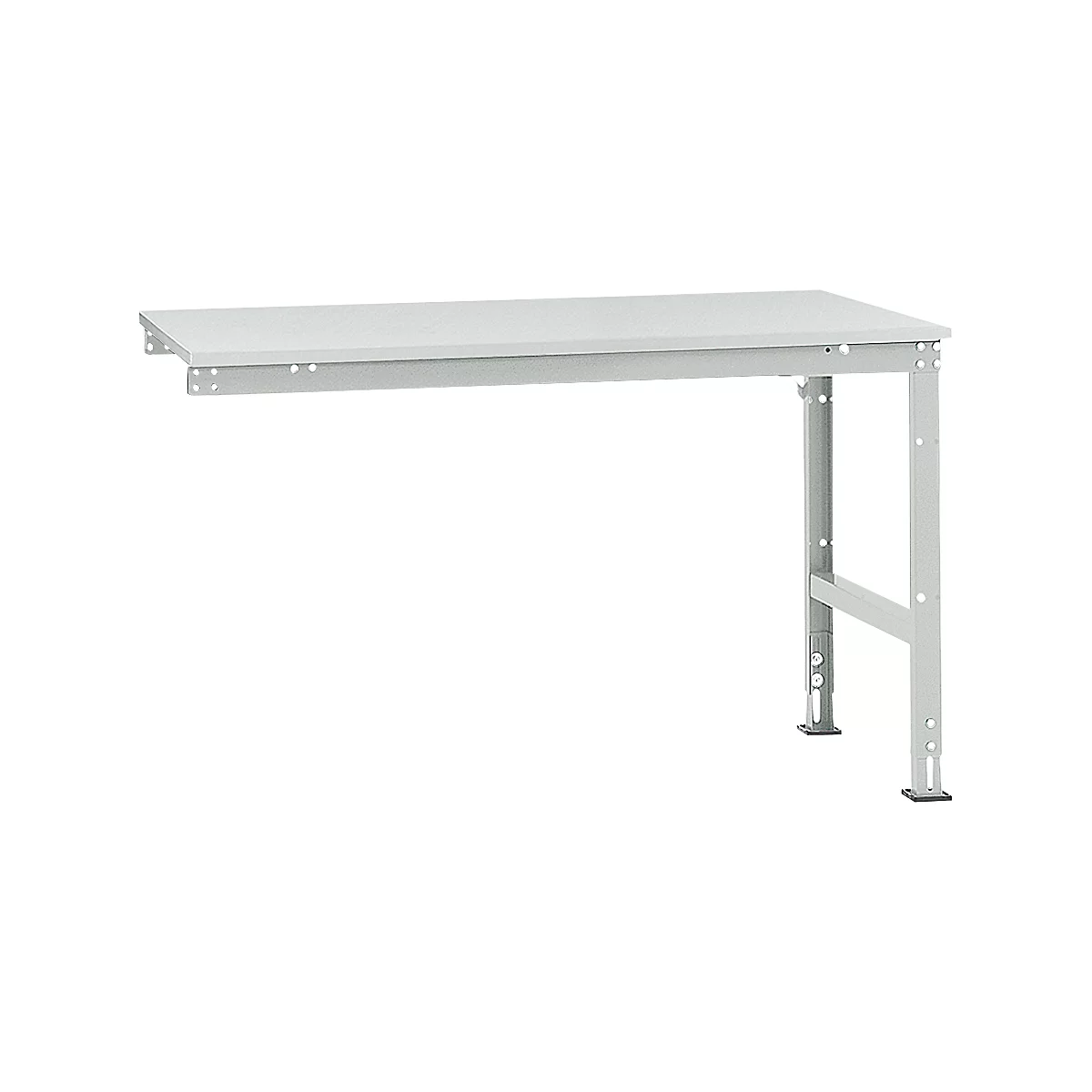 Grey workbench table against white background, the left side is attached to the wall.