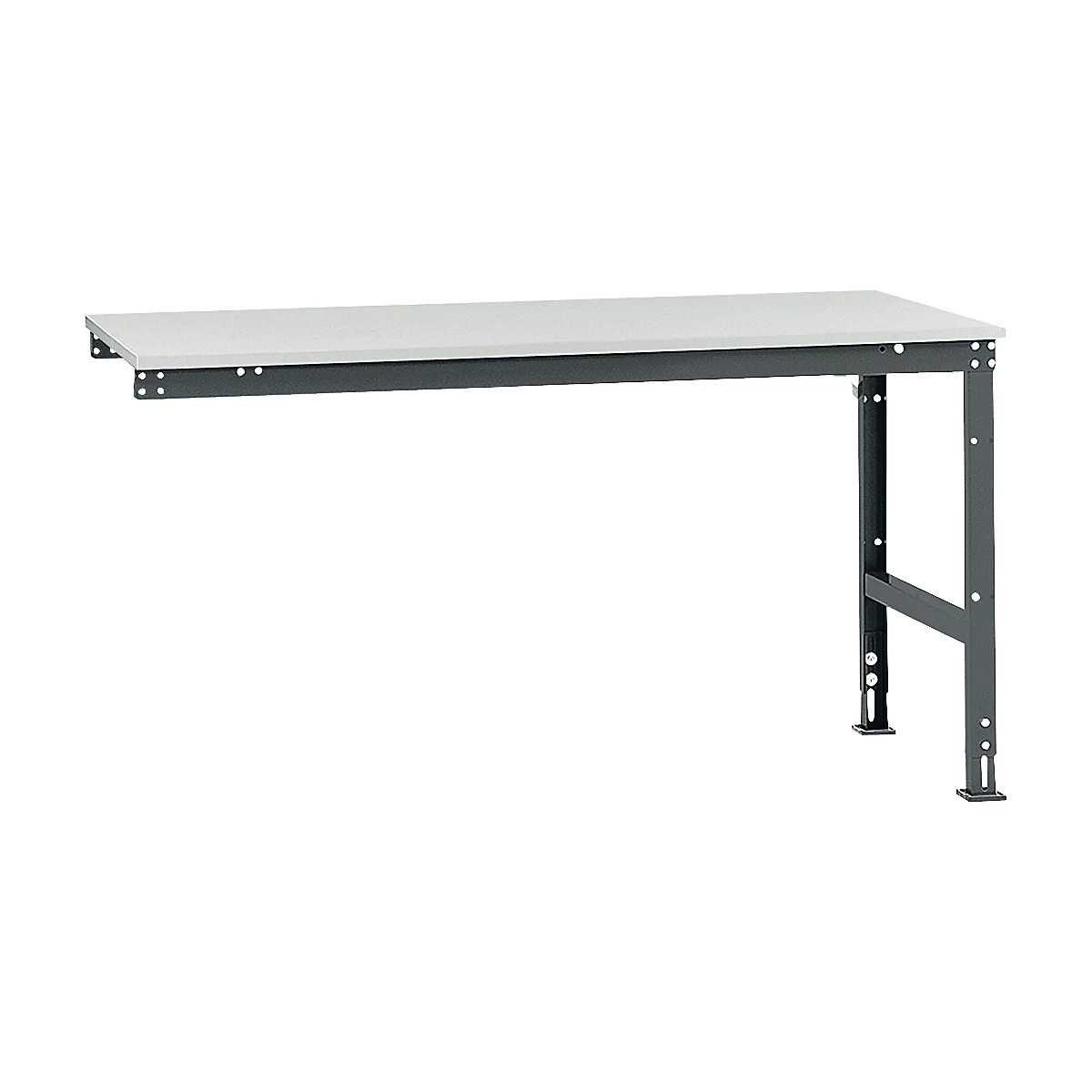 Light grey workbench with grey steel frame. The tabletop is against a wall and held by a supporting leg.