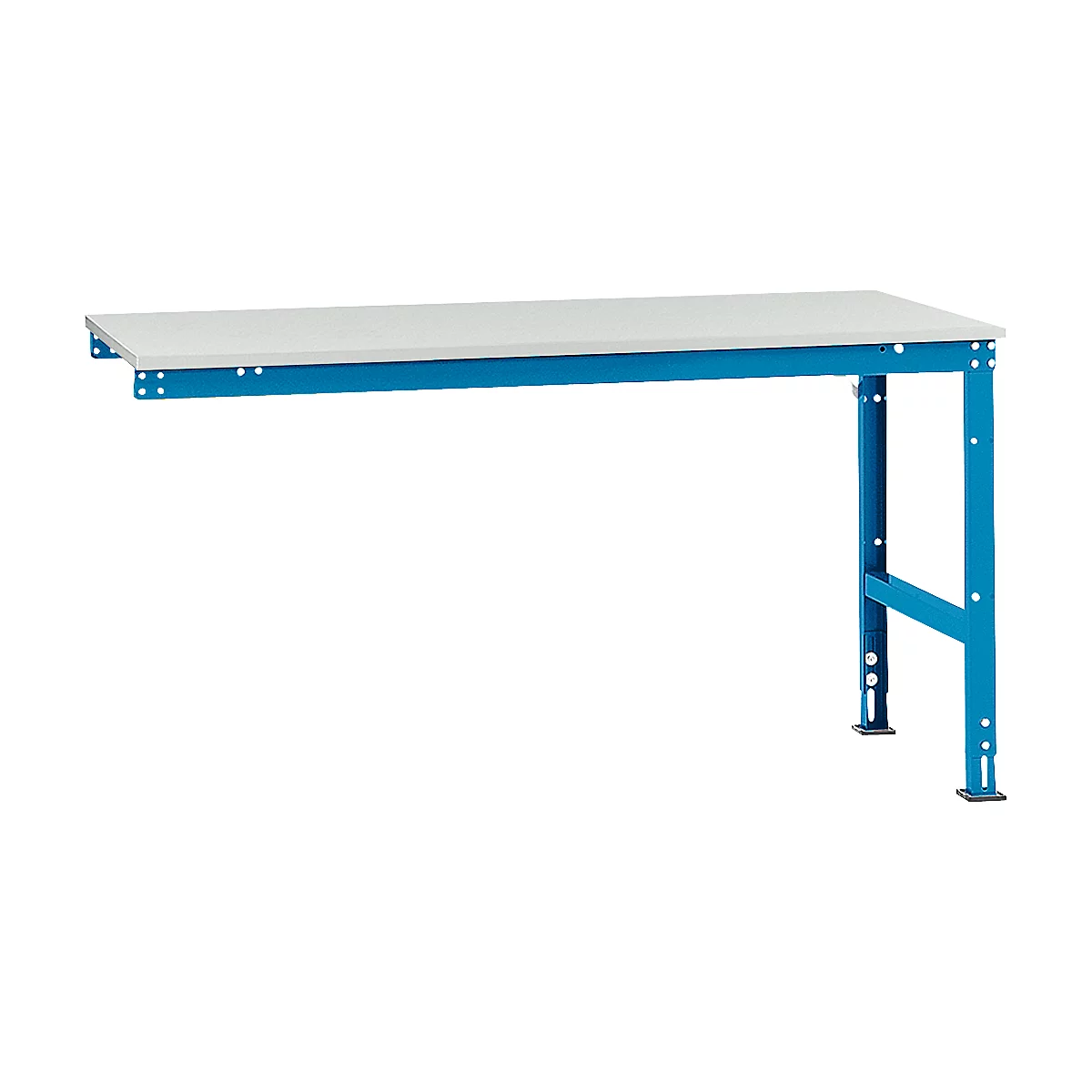 Blue metal workbench with light-colored tabletop. The workbench is free-standing.