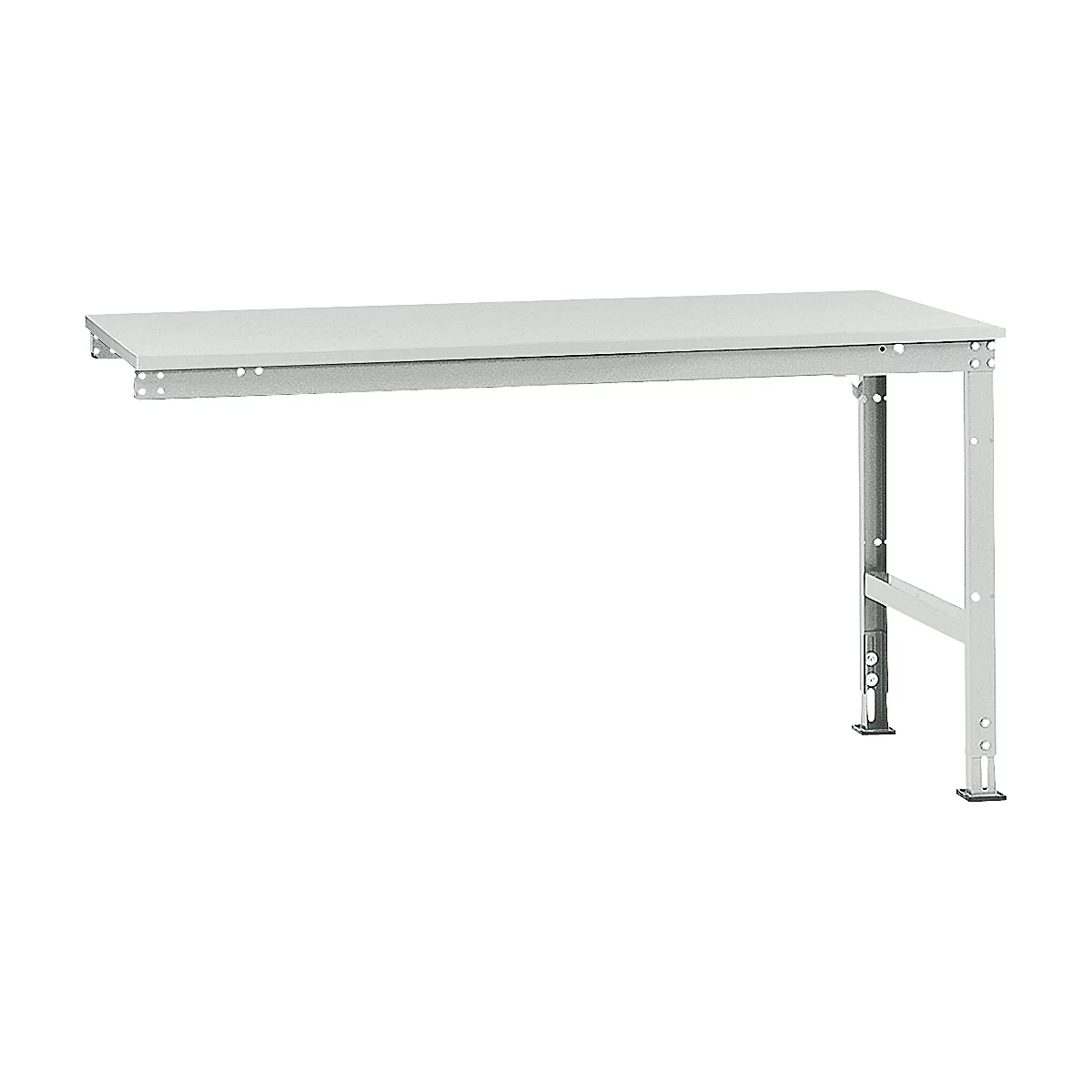 A white workbench, with a rectangular tabletop and metal legs.