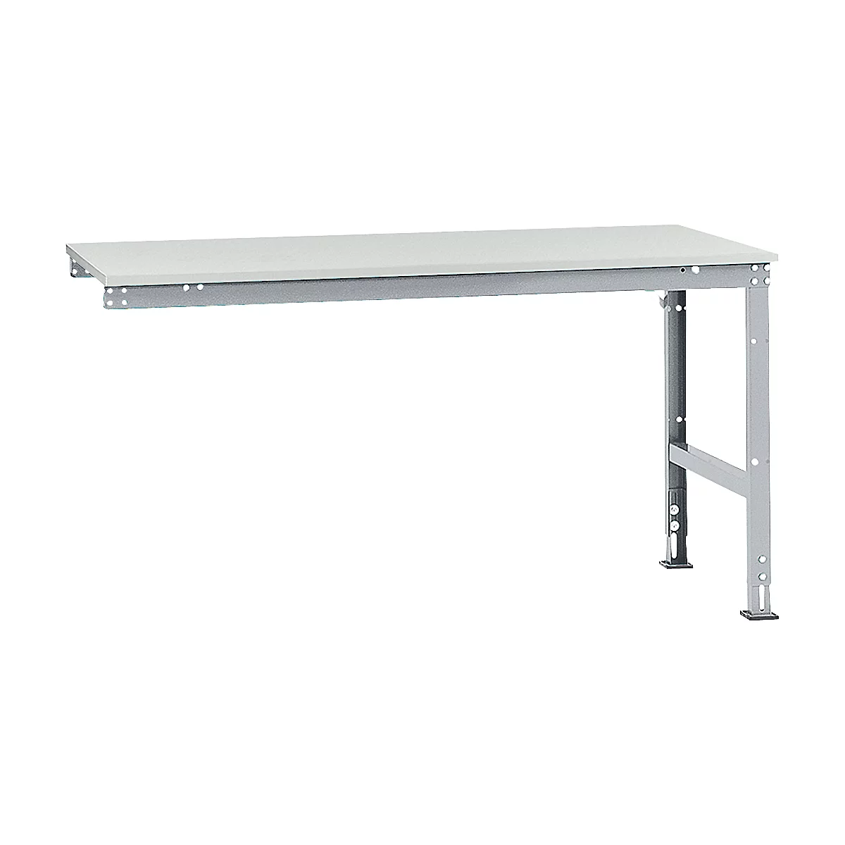 White rectangular workbench, metal frame, fixed to the wall.