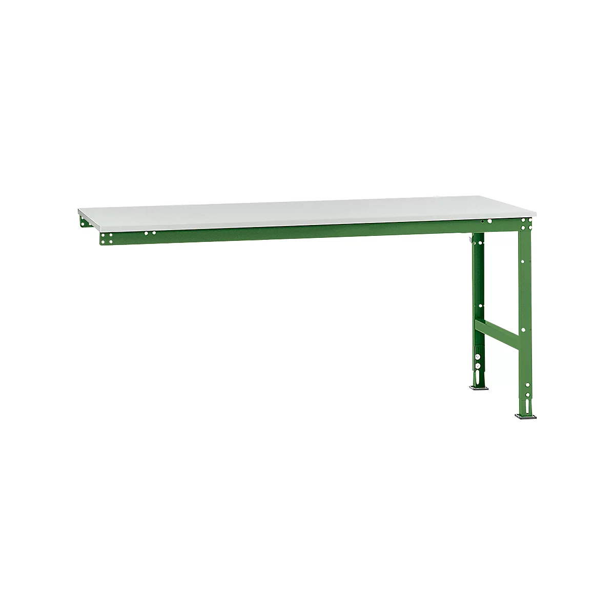 A green workbench with a white worktop. The legs are adjustable in height.