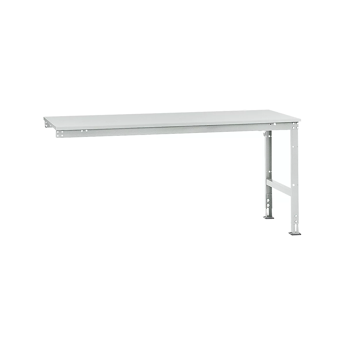 A white workbench, mainly made of metal. The table top is rectangular, the legs are stable. The design is minimalist.
