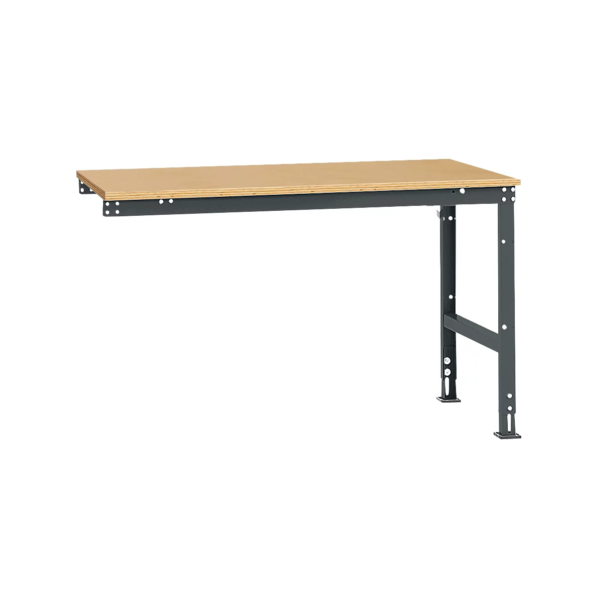 Workbench with brown wooden top and gray metal frame, against a white background.