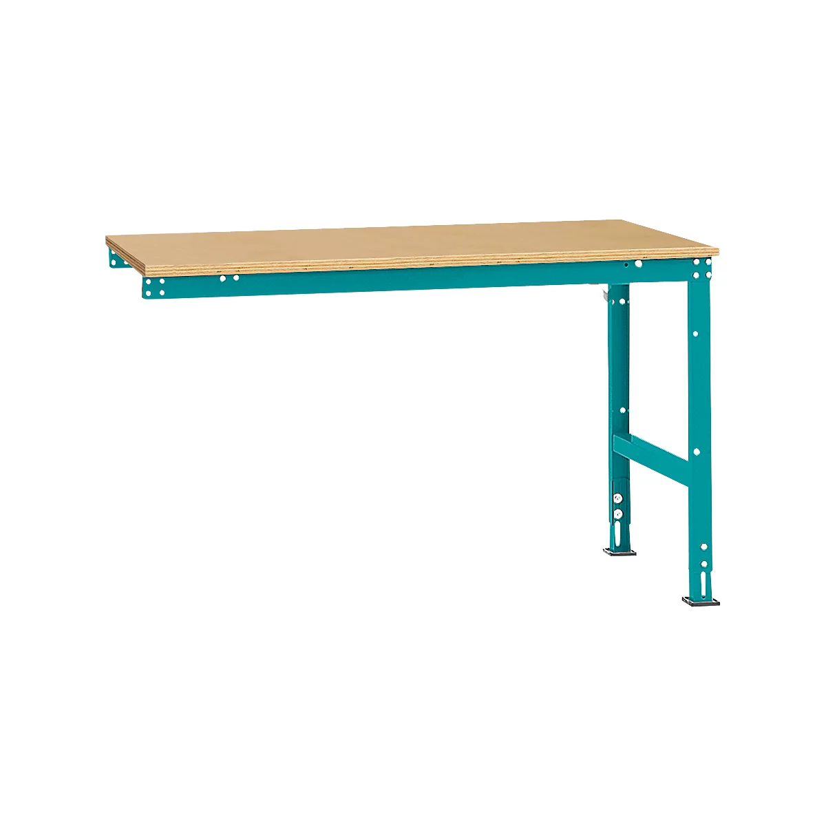 Workbench with wooden top and turquoise metal frame. There are brackets on the left and right for wall mounting.