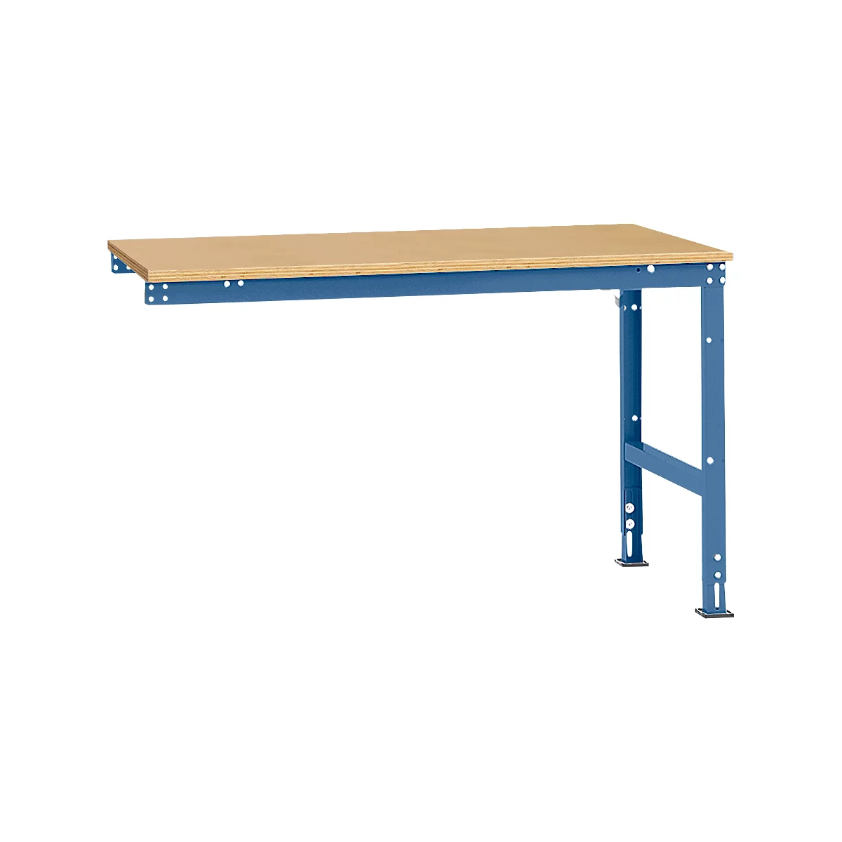 Workbench with blue metal legs and light wooden top.