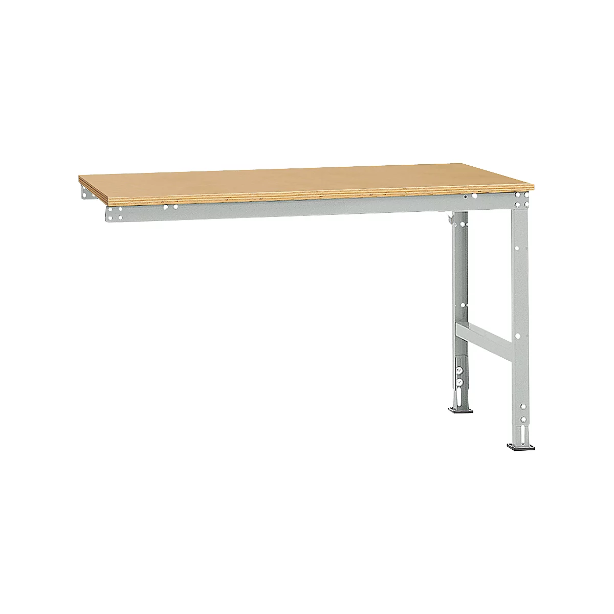 Workbench made of wood and metal, with a light brown tabletop and gray legs.