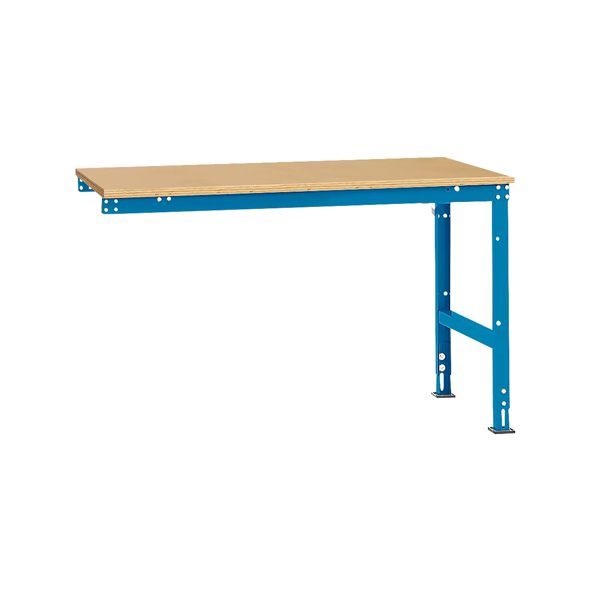 Light brown tabletop on blue metal frame. The table has a rectangular shape and stands on two legs.