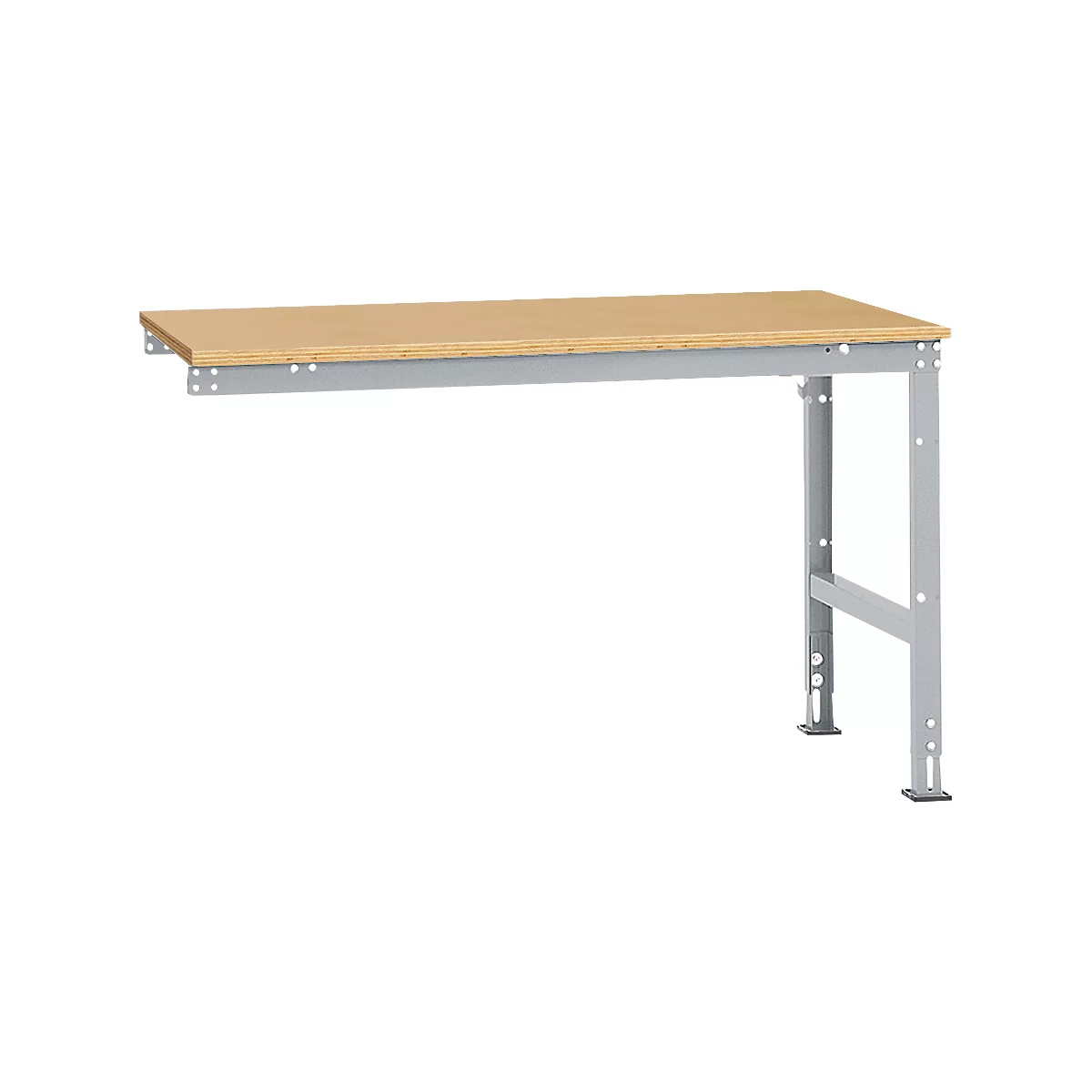 Workbench with wooden top and gray metal frame.