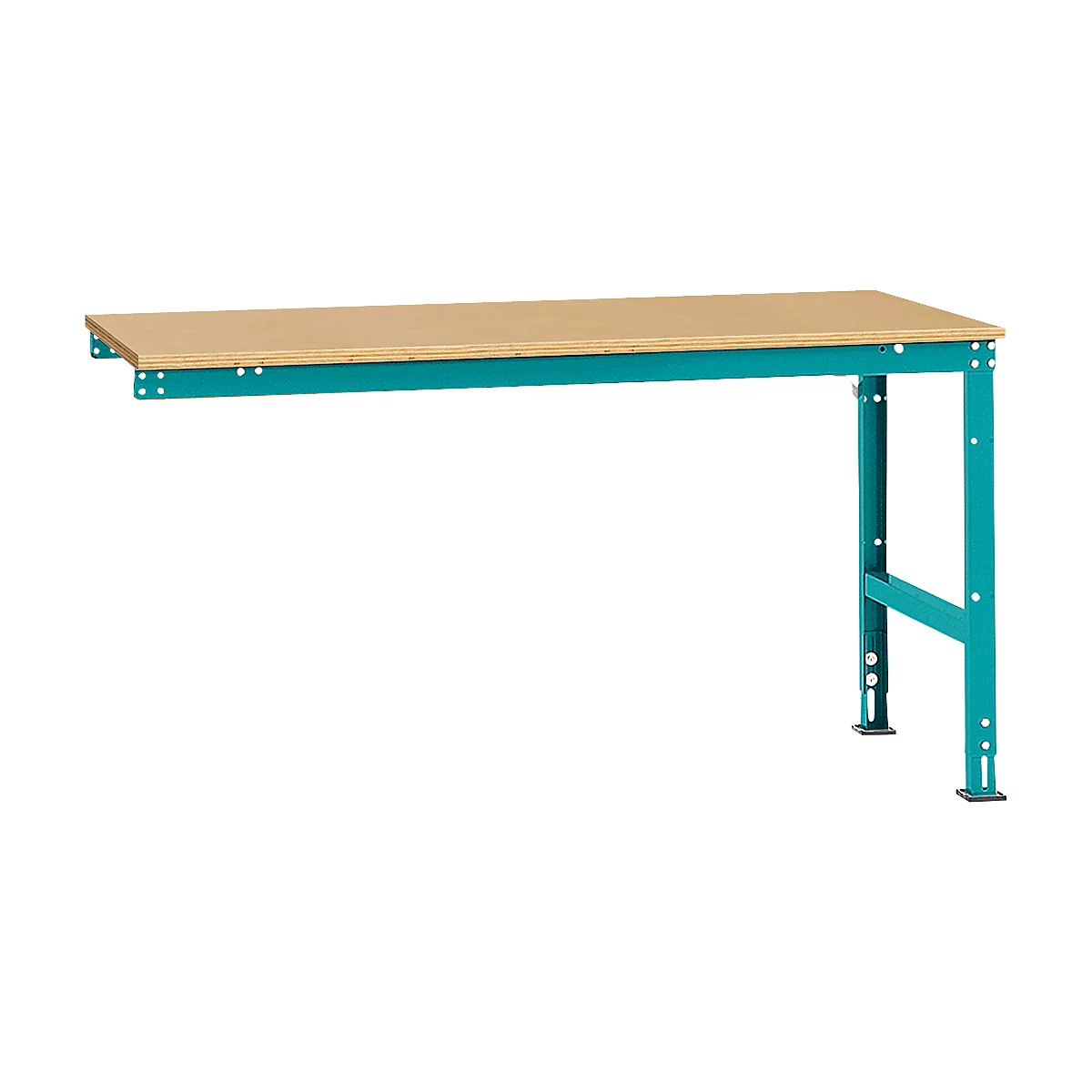 A green workshop table with a wooden top, simple design. The legs are built in an angled shape.
