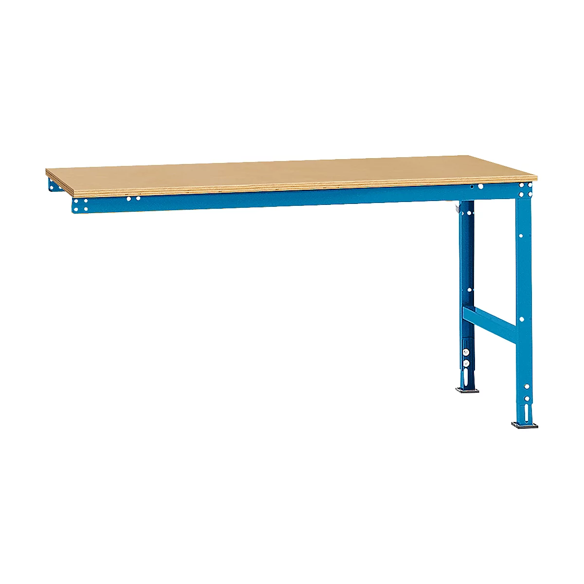 Blue workshop table with wooden top. Table leg with support on the right.