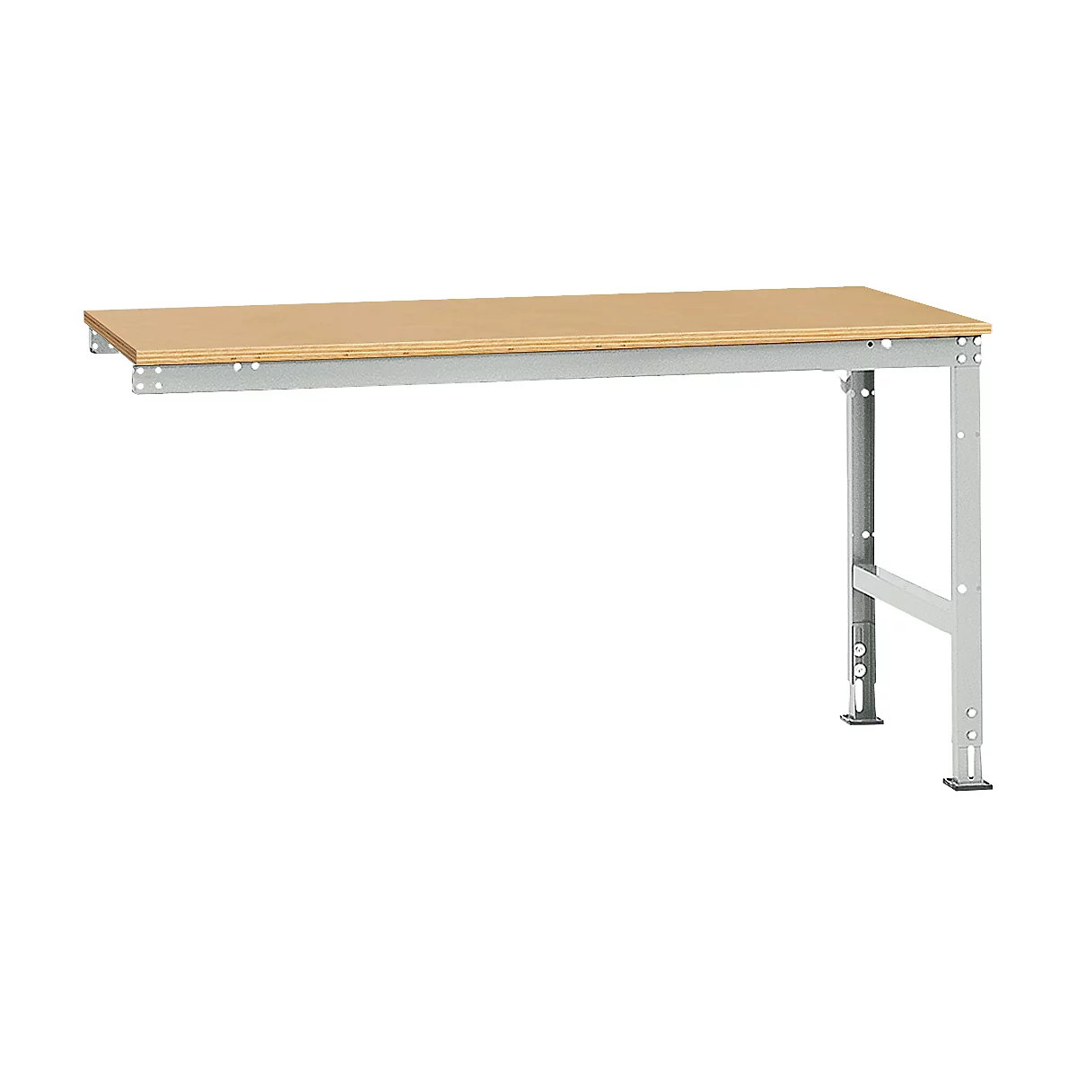 A workbench with light wood top and grey metal frame, against a white background.