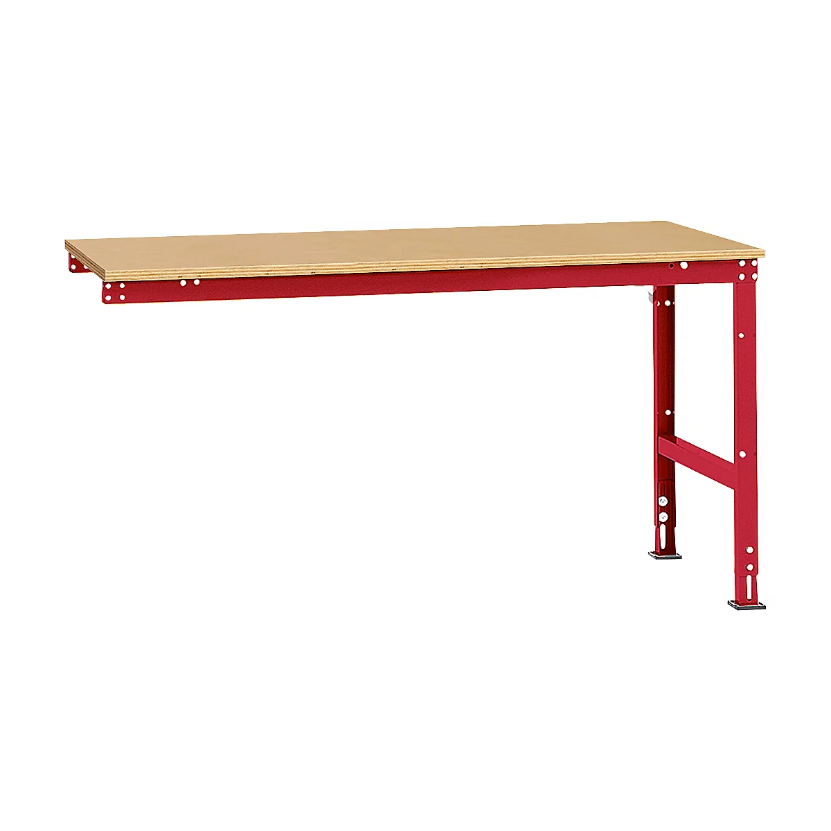 Workbench with red painted steel frame and light brown worktop.