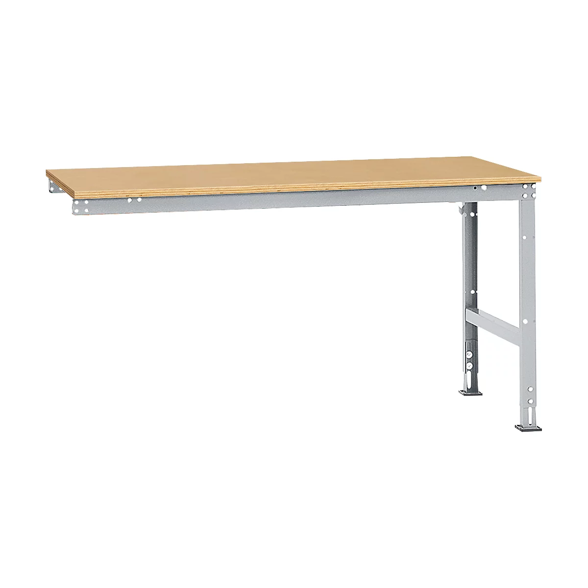 Workbench with light brown wooden top and silver metal legs. The top is supported by a frame.