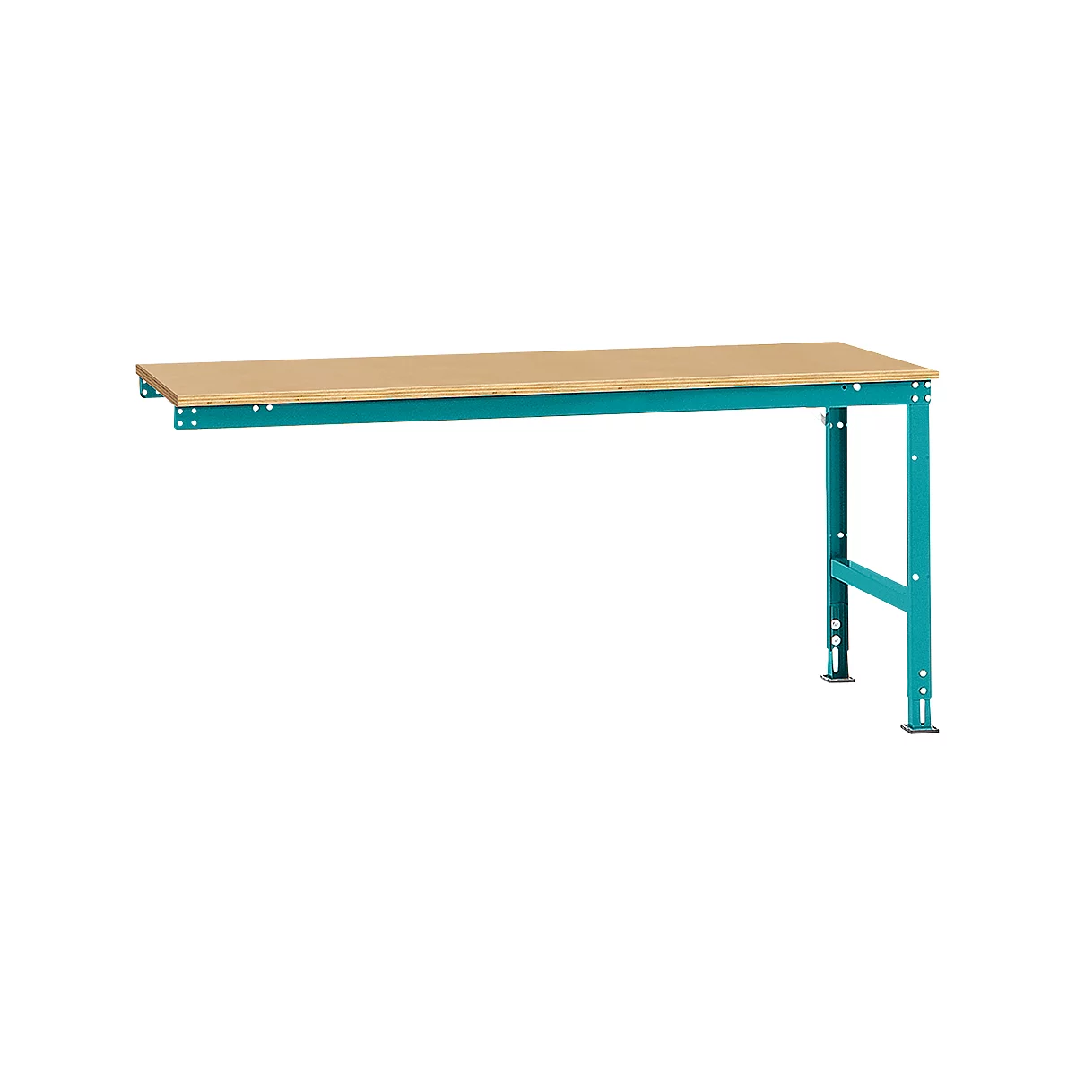 Workbench with brown tabletop and turquoise metal legs. The tabletop is rectangular.