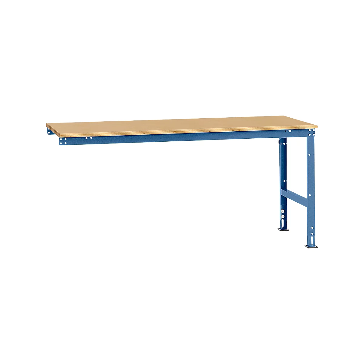 A blue workbench table with wooden top. One leg is standing, the other is attached to the wall.