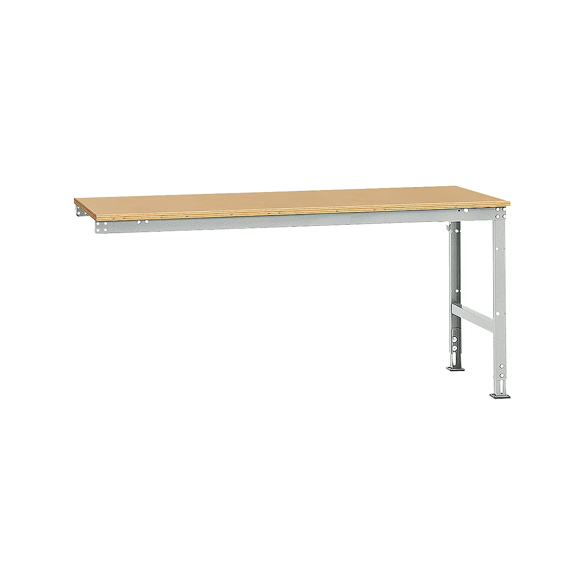 A workbench table with a light brown tabletop and gray metal legs, set against a white background.