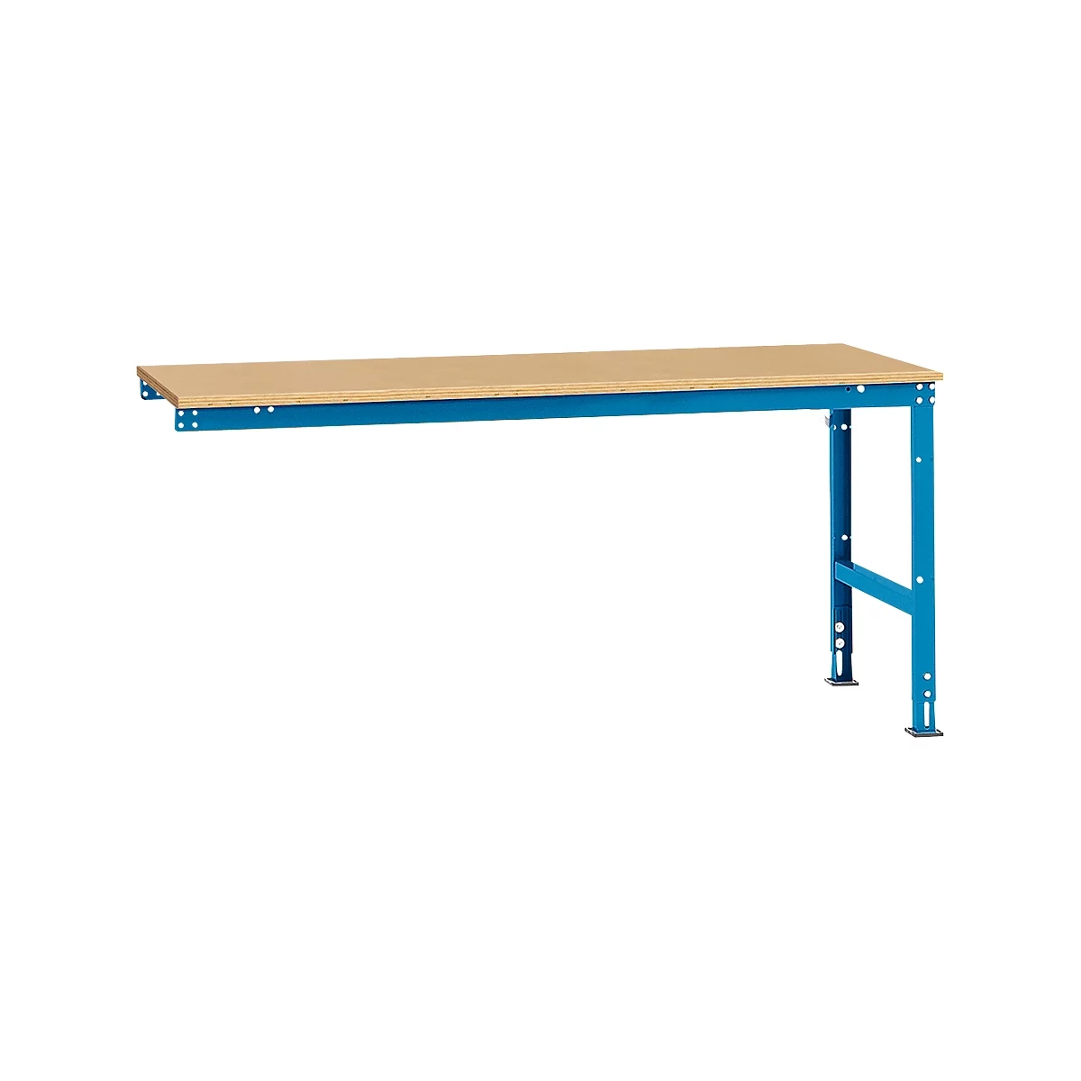 Workbench with beige table top and blue metal legs, on a white background.