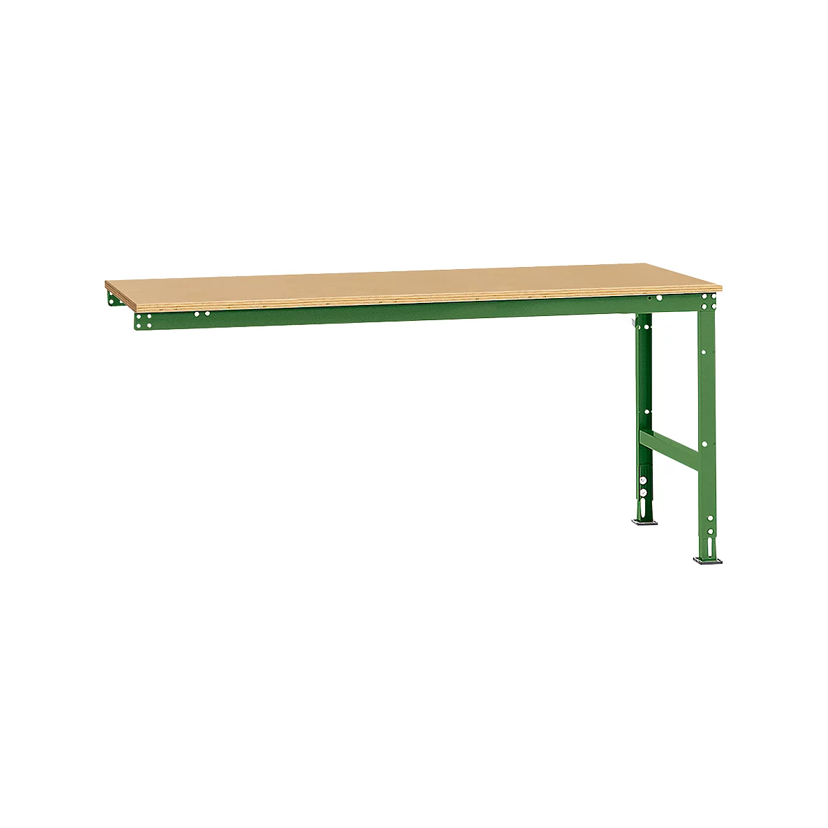Workbench with wooden top and green frame, isolated on white background.