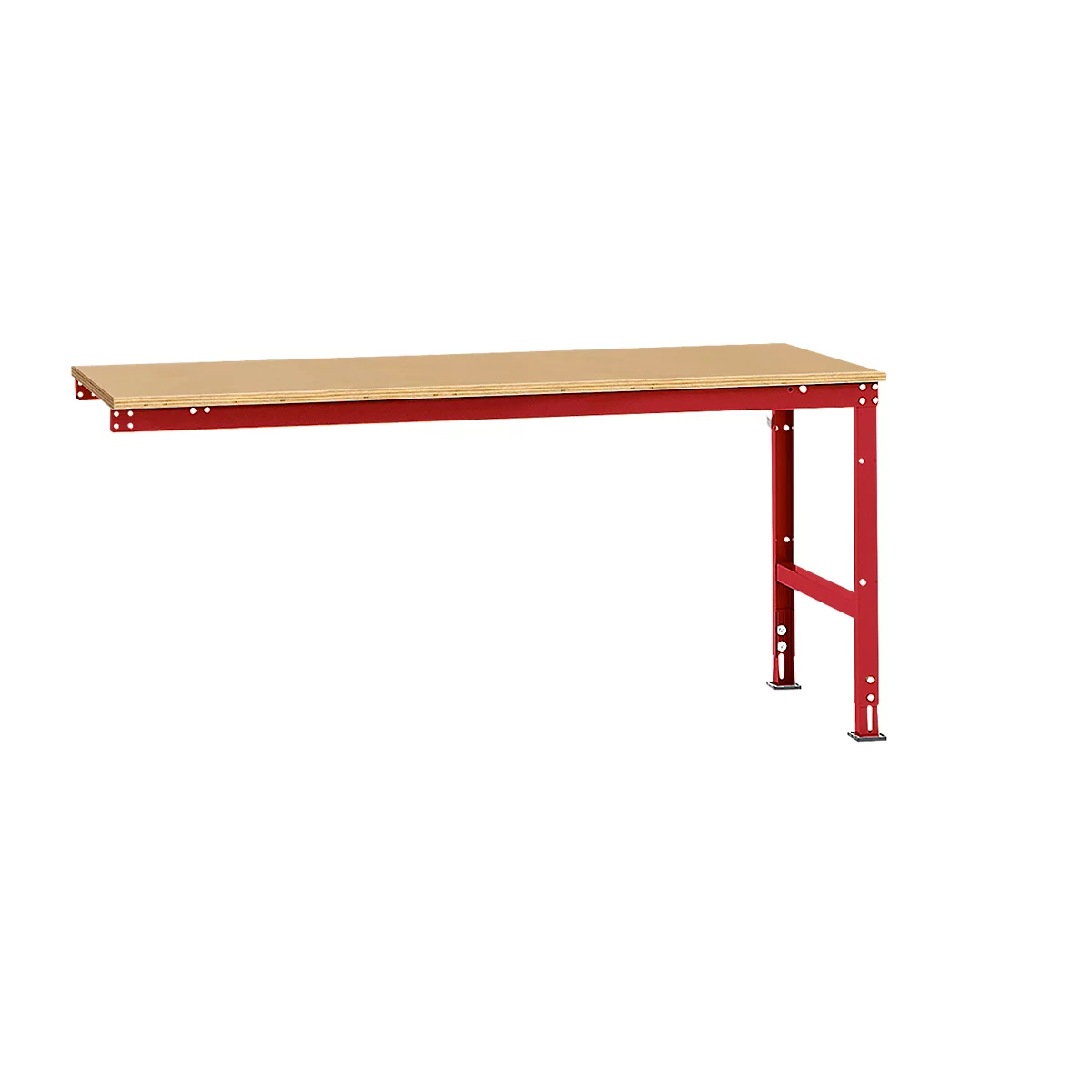 Work bench, red painted metal frame, light wood top.