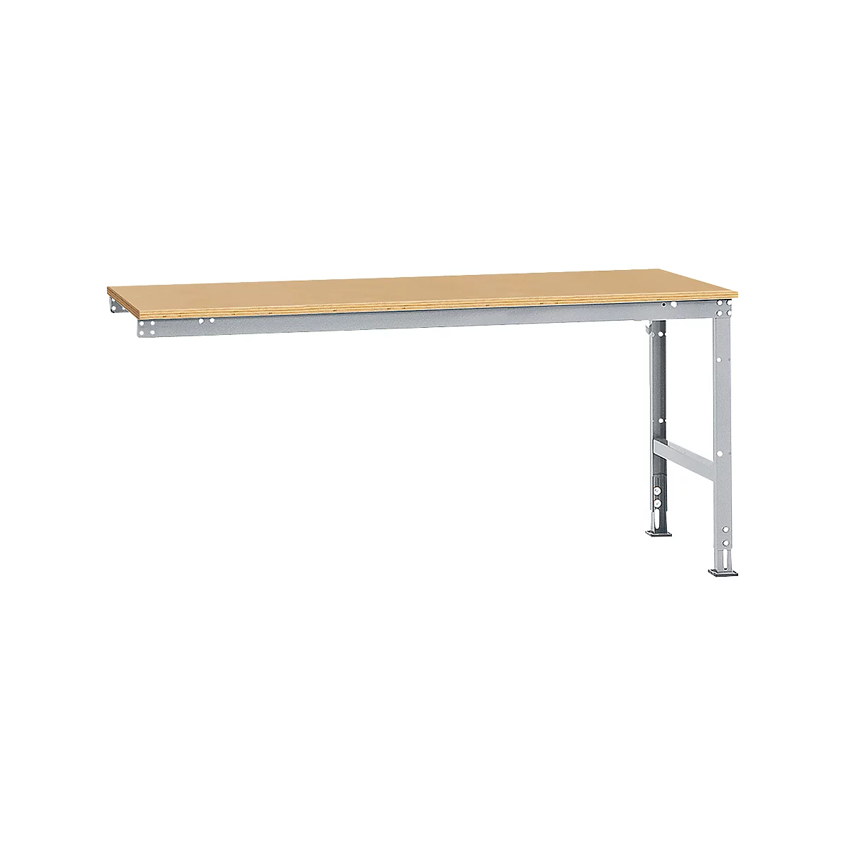 Workbench with beige table top and silver metal legs. On a white background.